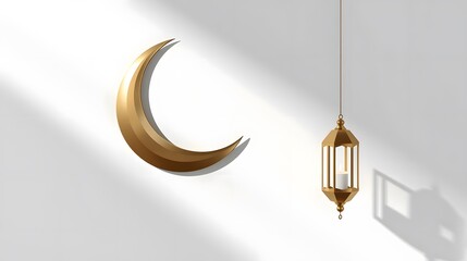 Elegant golden crescent moon and hanging lantern casting soft shadows on a white background, symbolizing Ramadan, Eid, and Islamic celebrations.