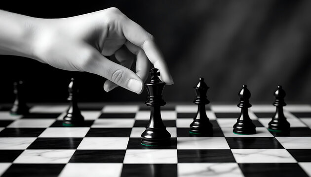 Woman hand moving black king chess piece on a marble chessboard. Strategy and competition concept for leadership and intelligent game.