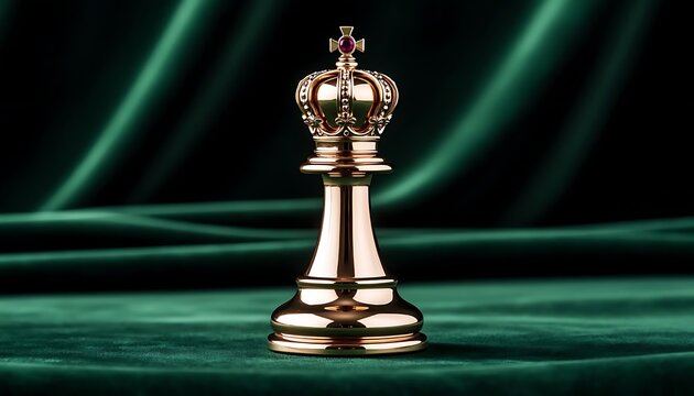 Golden king chess piece on green velvet background with dramatic lighting. Concept of power, strategy, leadership, and success in business.