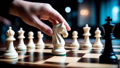 Man playing chess, moving a knight piece on a chessboard. Strategy game for mental training, intellect, and competition.