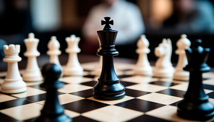 Black king chess piece on a chessboard surrounded by other pieces. Strategic planning and intellectual challenge concept, representing game theory.