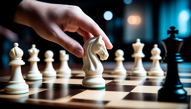 Man playing chess, moving a knight piece on a chessboard. Strategy game for mental training, intellect, and competition.