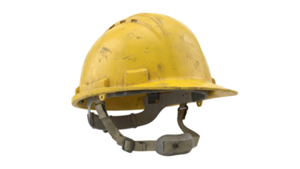 Gritty yellow construction hard hat providing essential safety protection for industrial labor isolated on transparent background