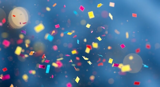 Colorful Confetti Falling on Blue Blurred Background
