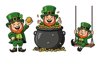 Cartoon leprechauns with gold coins and festive hats celebrating St