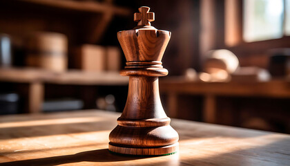 Wooden chess king standing alone on a table. Concept of leadership, strategy, and power for business or game design.