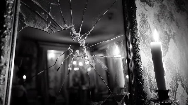 Cracked mirror inside haunted mansion in black and white. 4K Video