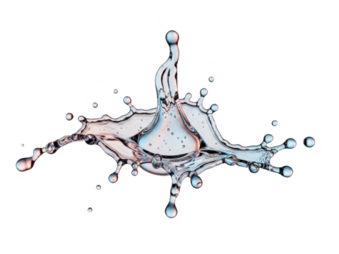 Highspeed photograph capturing a dynamic water splash crown formation with droplets scattering against a pure transparent background isolated on transparent background