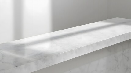 Elegant white marble countertop illuminated by soft natural light, creating a clean and modern minimal interior background perfect for product display.