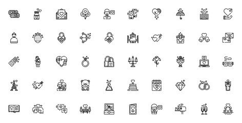 Valentines Day icon set. Romantic vector illustratios. Featuring love letter, ngagement ring, couple, chcolate, cupid, bouquet, git, kiss and more. Editablestroke.