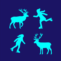 Graceful Winter Silhouettes Majestic Deer and Energetic Ice Skaters Design Elements