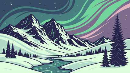 Illustration of snow covered mountains with river and aurora borealis in the night sky scene