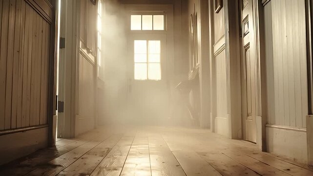 Spooky hallway inside haunted mansion with eerie light. 4K Video