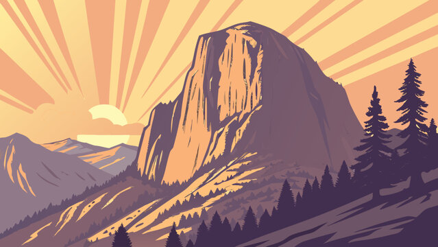 Illustration of half dome mountain with sun rays over forest and mountains in a scenic landscape