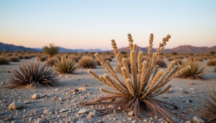 Desert landscape featuring sparse vegetation under a clear sky at dusk.