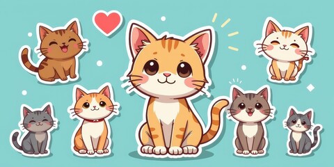 Fototapeta premium Cute cartoon cats with various expressions and colors on a playful background.