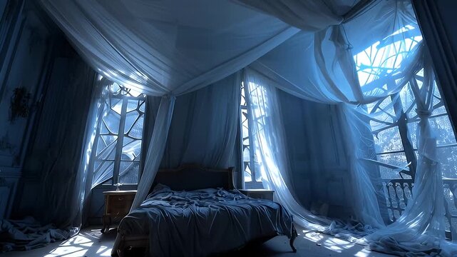 Decaying luxury inside haunted mansion bedroom blue light