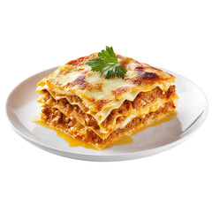 Hot lasagna on white plate on a white background
