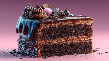 "Photorealistic close-up of a chocolate cake slice, textures and glossy frosting, soft shadows, macro perspective for dessert illustration or culinary projects.