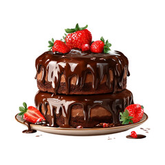 Illustration of chocolate cake with strawberries and choco sauce for birthday and celebration on a white background