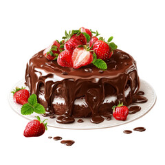  Illustration of chocolate cake with strawberries and choco sauce for birthday and celebration on a white background