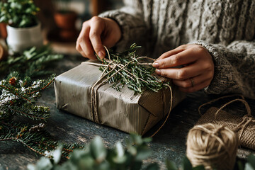 Creative hands wrapping a gift with natural twine and evergreen sprigs, adding a personal touch to holiday celebrations and gift-giving traditions