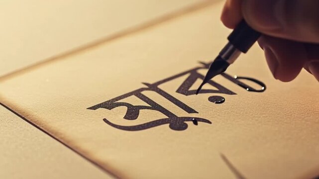 Hand writing the word Maya in beautiful Bengali calligraphy with a classic fountain pen.