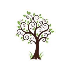 Fototapeta premium A beautifully stylized tree with elegant curly branches and vibrant green leaves, standing on a patch of grass.