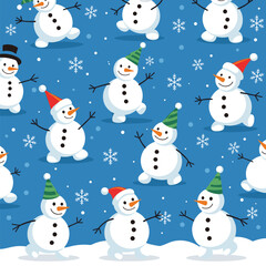 Seamless pattern of cute snowmen wearing various festive hats and dancing among snowflakes on a blue winter background, perfect for holiday designs.