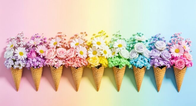 A colorful array of ice cream cones with flowers on a rainbow background.