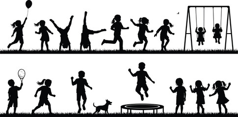 Large set of black silhouettes of active diverse children playing various games outdoors on the grass, including handstands, running, swinging, jumping on a trampoline, 