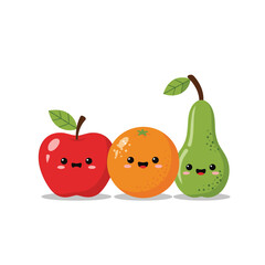 Adorable cartoon apple, orange, and pear with smiling faces and rosy cheeks, standing side-by-side on a white background.