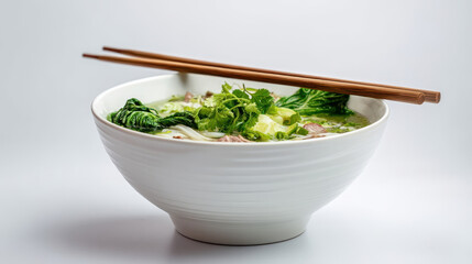 Fresh Vietnamese Pho noodle soup in a white bowl, fragrant broth with herbs, greens and chopsticks