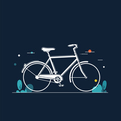 A stylish, flat design illustration of a white vintage bicycle with subtle natural elements, set against a deep blue backdrop.