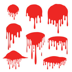 Collection of vibrant red liquid drips and splatters, ideal for creating intense, spooky, or artistic graphic effects.