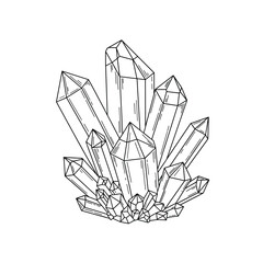 Hand-drawn outline illustration of a cluster of multifaceted quartz crystals, perfect for mystical and healing themes.