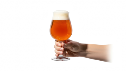 Hand holding a tall glass of golden amber beer with frothy head
