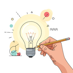 Hand drawing a glowing light bulb, representing the generation of ideas and creative inspiration.