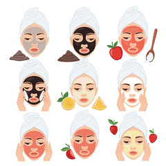 A collection of illustrations showing women applying various natural ingredient facial masks as part of their beauty and skincare routine at home.