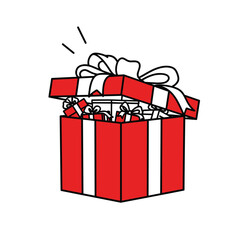 A vibrant red gift box with a white ribbon, slightly open to reveal smaller presents inside, radiating festive surprise and joy.