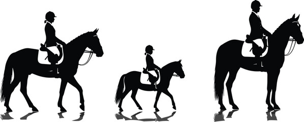 Three black silhouettes of riders on horses, including a woman, a child, and a man, depicting equestrian sports, riding lessons, dressage, and various horse 