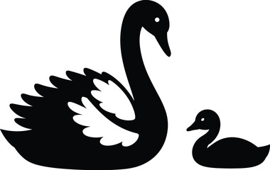 Black swan and cygnet silhouette illustration, wildlife bird family vector icon for nature, lake, love, protection, minimalist design concept art