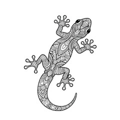 An intricately detailed black and white illustration of a gecko adorned with beautiful, spiritual mandala patterns, perfect for mindful coloring or decorative artwork.