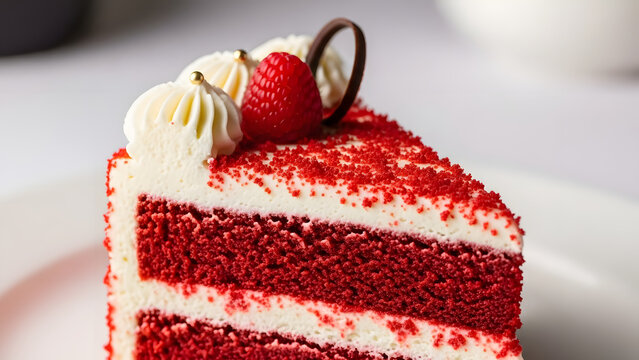 Delicious red velvet cake slice with cream and raspberry topping.