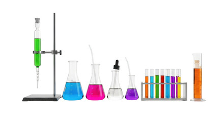 Colorful laboratory glassware and equipment set including beakers, flasks, test tubes, and a burette isolated on transparent background