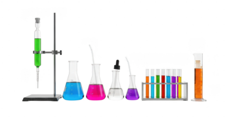 Colorful laboratory glassware and equipment set including beakers, flasks, test tubes, and a burette isolated on transparent background
