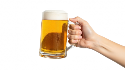 Hand holding a tall glass of golden beer with frothy head