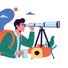 A man with a backpack looks through a telescope, representing future vision, scientific discovery, and outdoor exploration.
