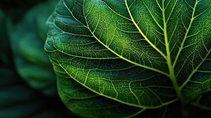 "Photorealistic close-up of a green leaf, detailed veins, natural highlights, soft shadows, macro perspective for botanical illustration or creative projects.