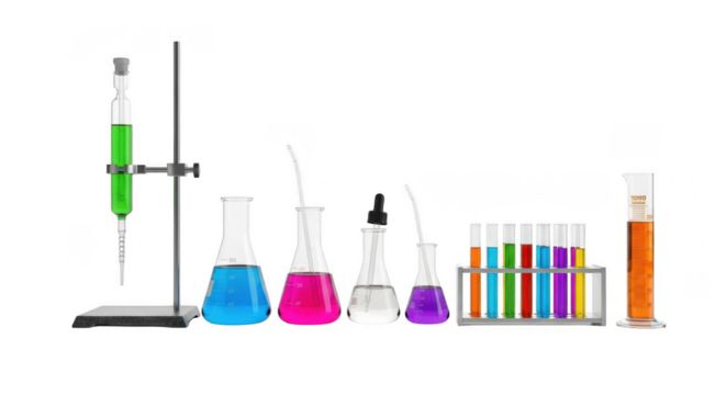 Colorful laboratory glassware and equipment set including beakers, flasks, test tubes, and a burette isolated on transparent background